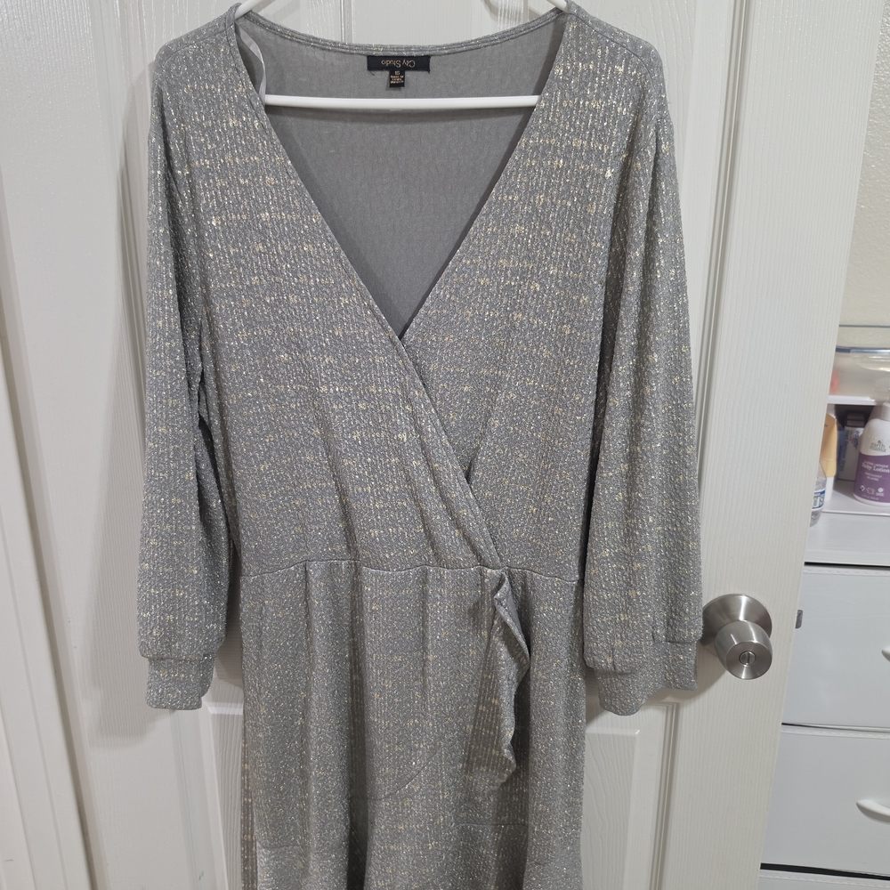 City Studio Silver Metallic Wrap Midi Dress